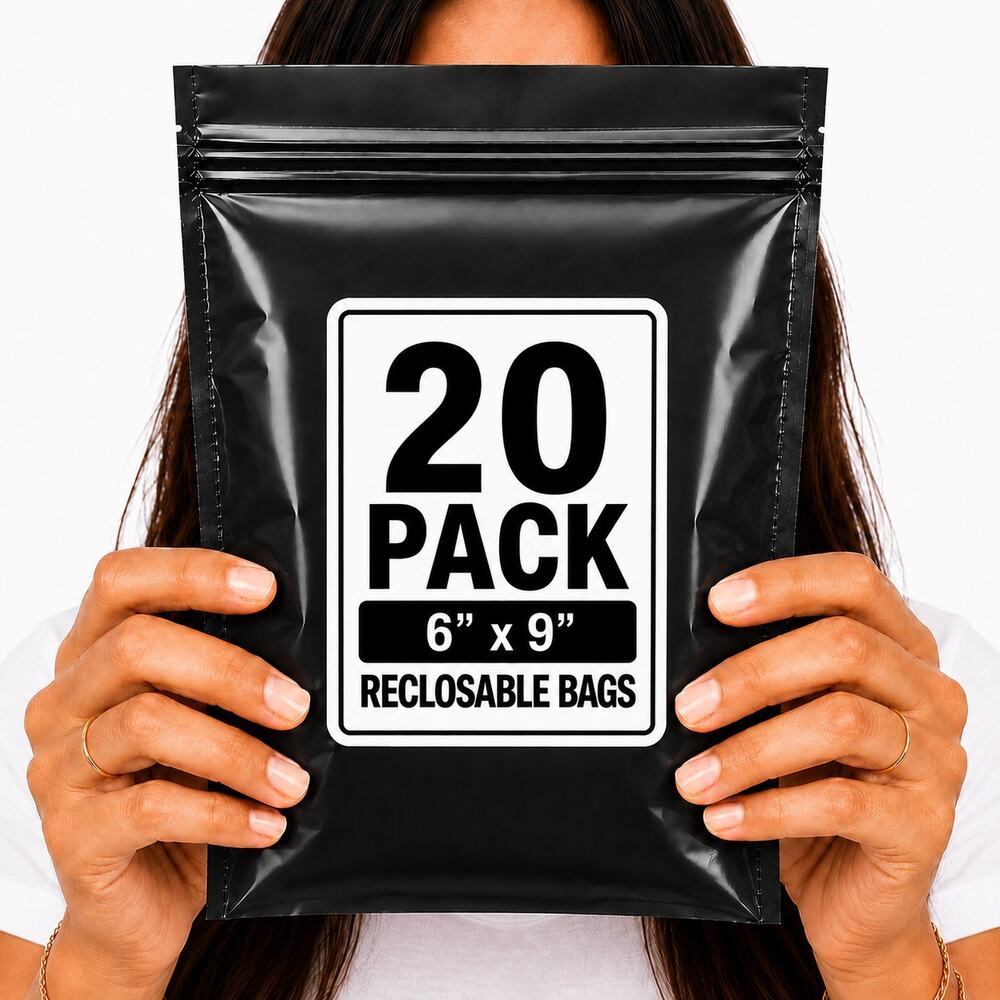 RECLOSABLE BLACK BAGS (20 PACK) 6" X 9" 2 MIL ZIPPER STORAGE BAGS NEW